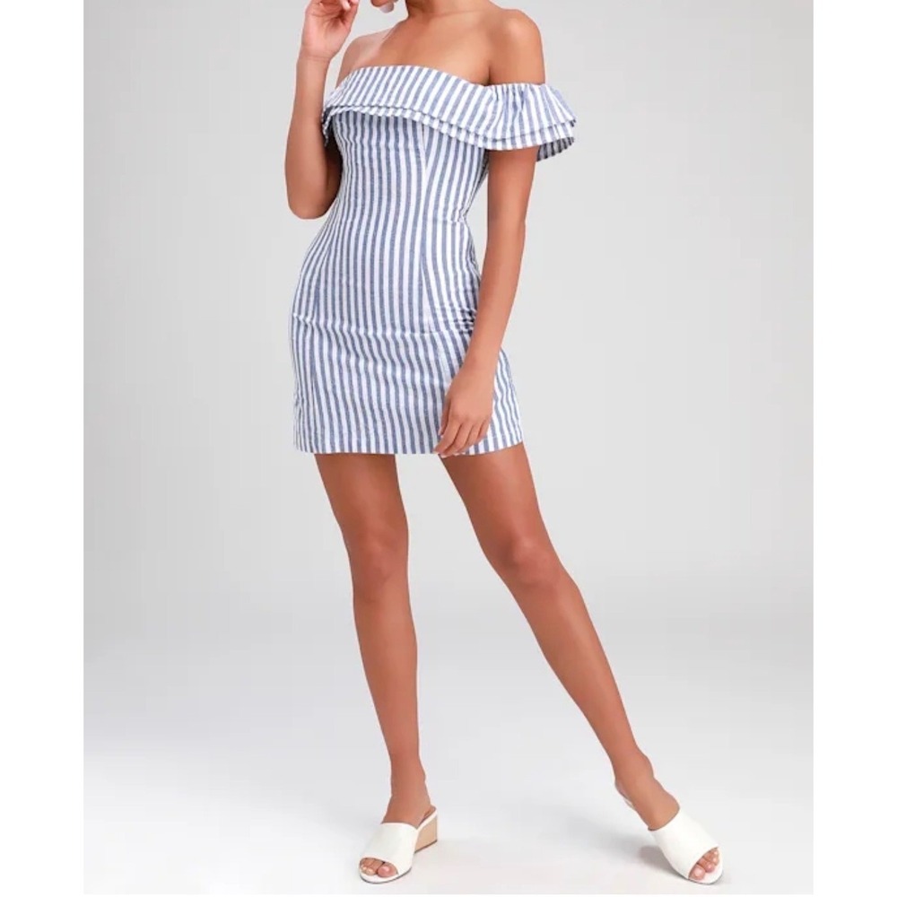 Lulus Seaside Skipper Blue Striped Off-the-Shoulder Mini Dress Cotton NEW
